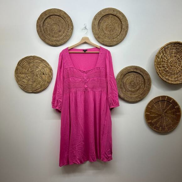 Torrid Pink Button Lace 3/4 Sleeve Slub Pintuck Neck Mini Dress Plus Size 2X - Picture 2 of 8